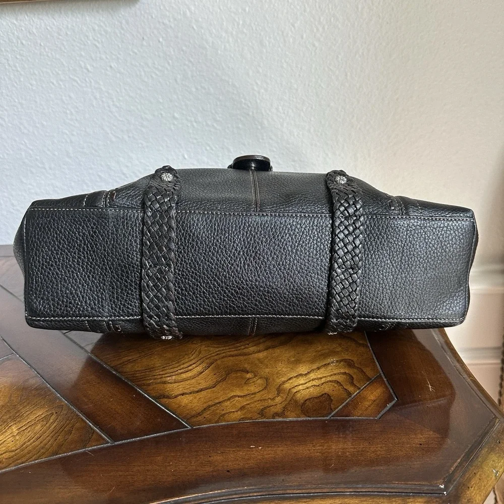 VTG Brighton Leather Handbag‎ Purse 11x14 Inch Black Woven Handle Buckle Accent